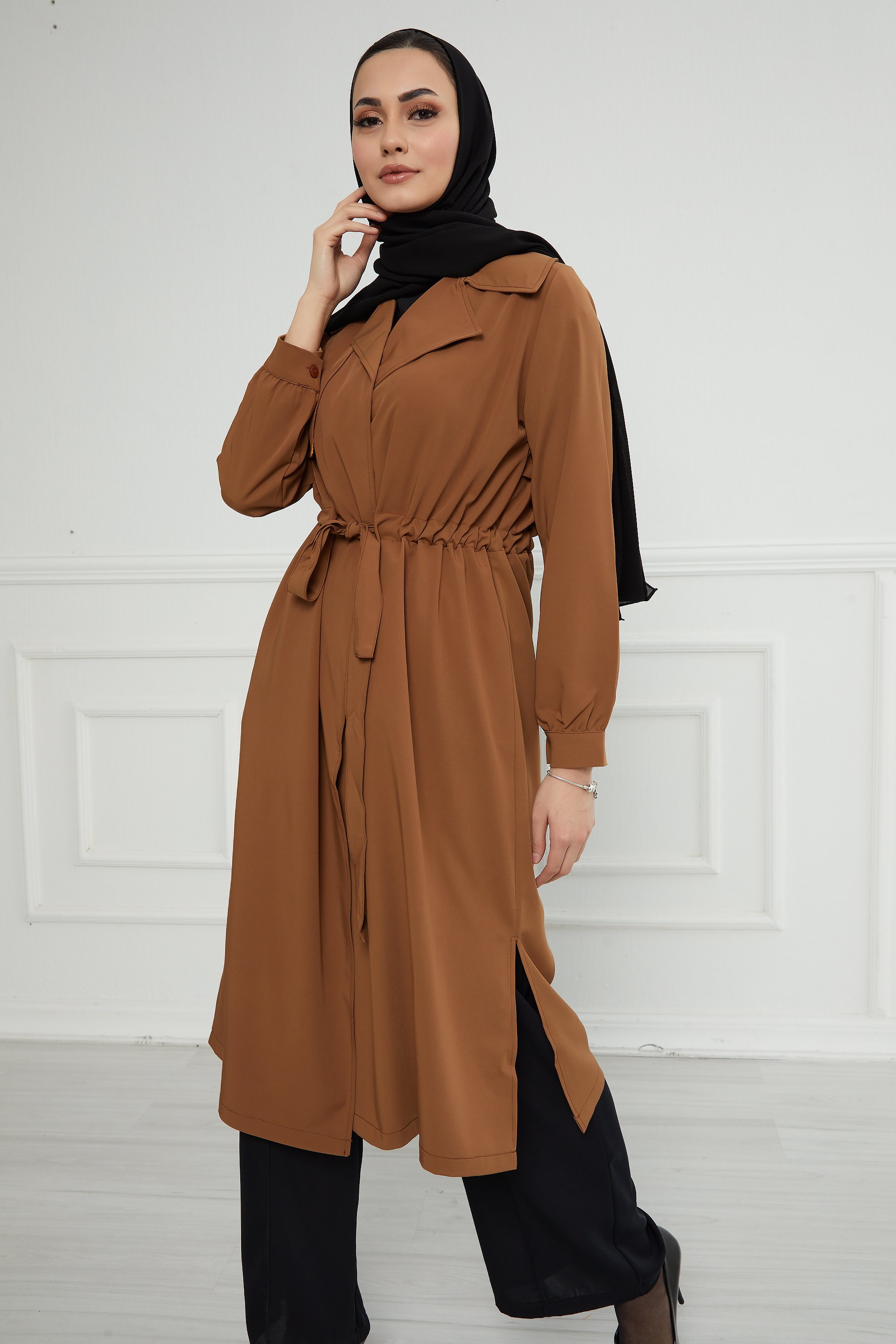 تونيك (جاكيت) طويل كاجوال بلون بني كراميل