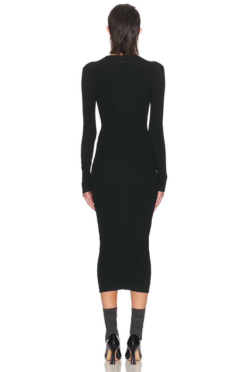 فستان ميدي أسود بياقة مستديرة وتصميم ضيق (Ribbed Knit)