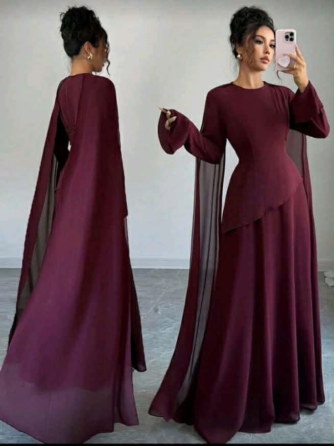 فستان أنيق من قماش الستان الحريري وأكمام شيفون بلمسة عصرية