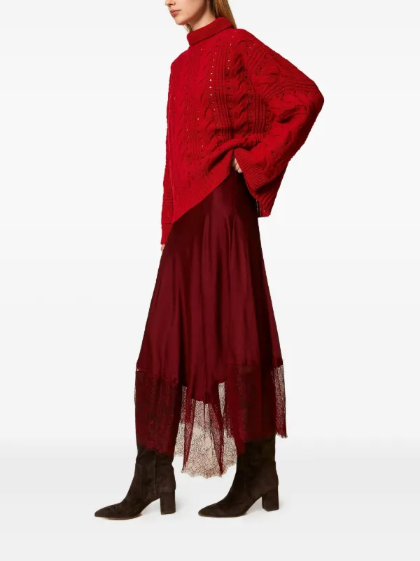 تنورة ميدي "ساتان" بلمسات الدانتيل وتصميم غير متماثل - لون عنابي (بورجوندي)