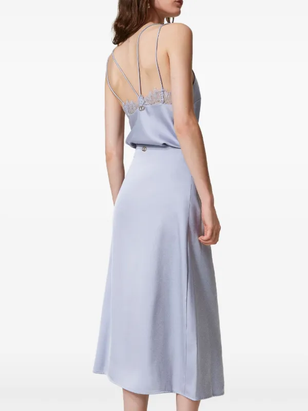 تنورة ميدي ساتان بتفاصيل دانتيل - أزرق فاتح