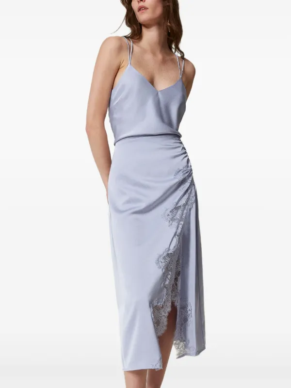 تنورة ميدي ساتان بتفاصيل دانتيل - أزرق فاتح