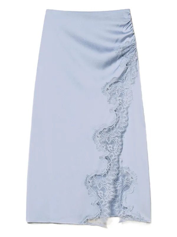 تنورة ميدي ساتان بتفاصيل دانتيل - أزرق فاتح