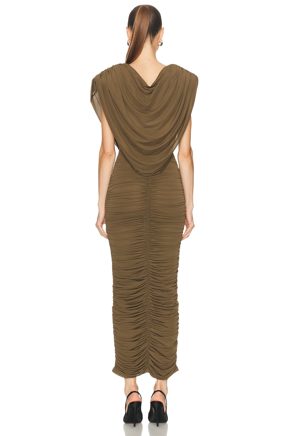 فستان "ماكسي" طويل بثنيات (Ruched) ولون زيتوني داكن