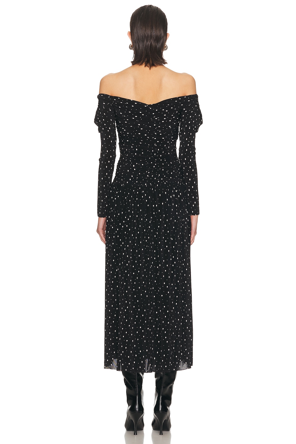 فستان "ميدي" مكشوف الأكتاف بنقشة منقطة - أسود