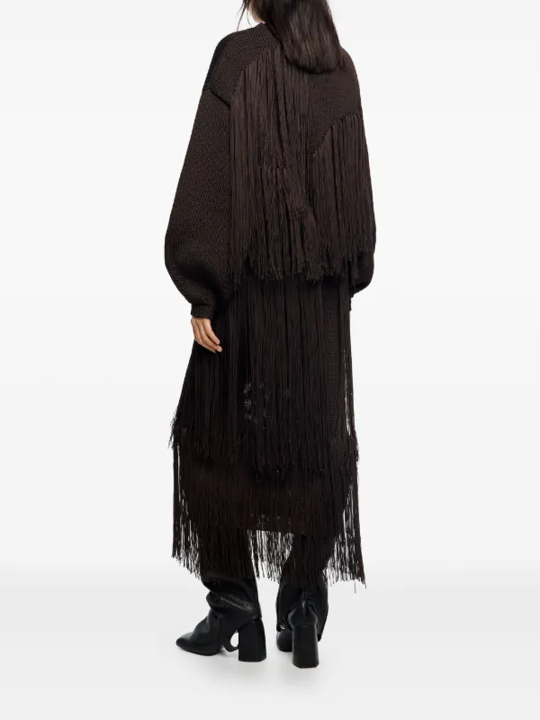 تنورة ميدي محبوكة مزينة بشرابات طويلة - بني داكن