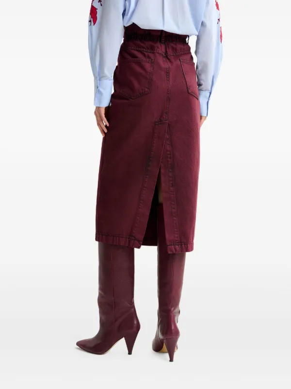 تنورة جينز ميدي بلون مارون (عنابي دافئ) بخصر مرتفع