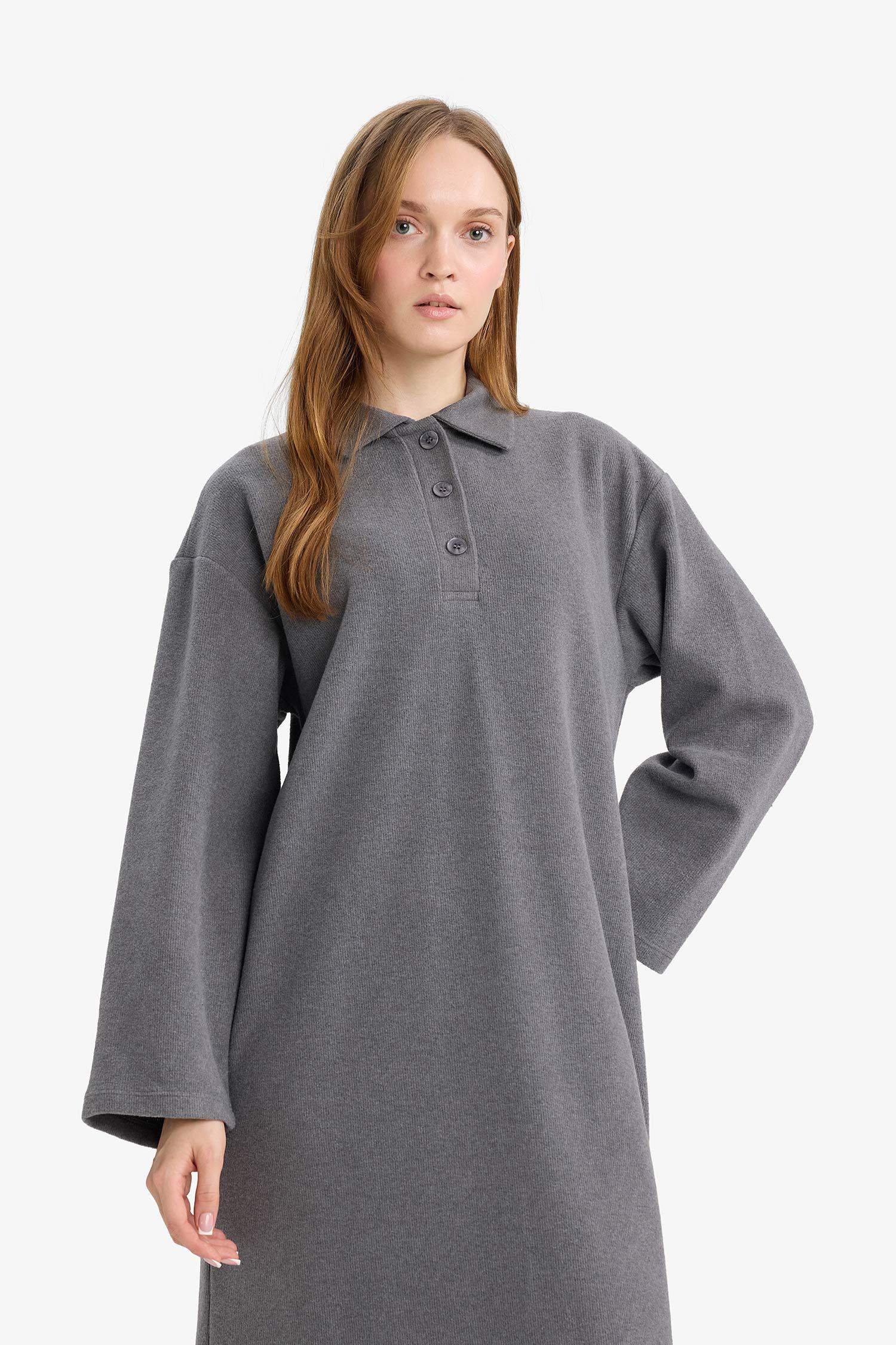 فستان "ماكسي" صوف ناعم بياقة بولو - رمادي غامق