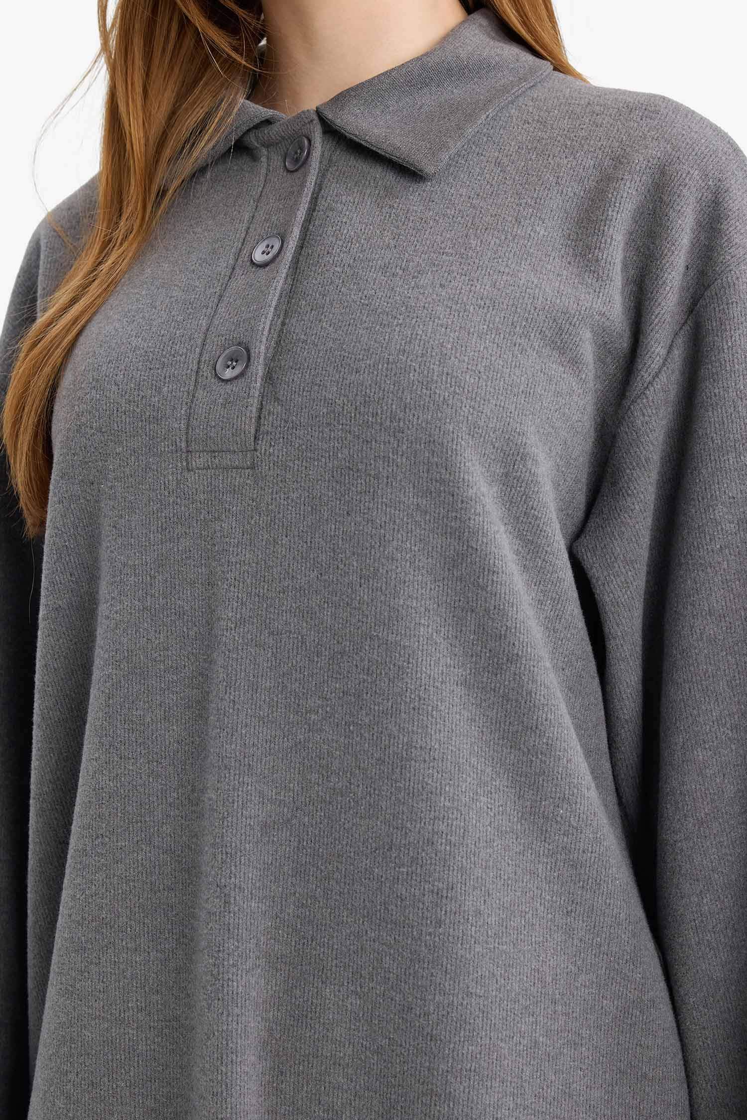 فستان "ماكسي" صوف ناعم بياقة بولو - رمادي غامق