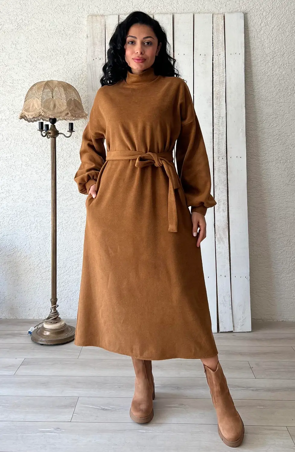 فستان "كاشيه" شتوي طويل - لون جملي (Camel)
