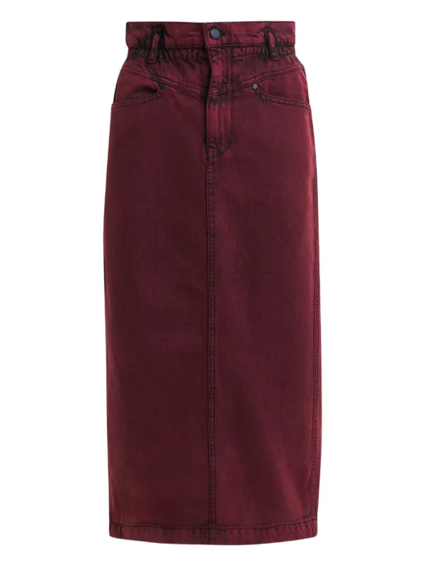 تنورة جينز ميدي بلون مارون (عنابي دافئ) بخصر مرتفع