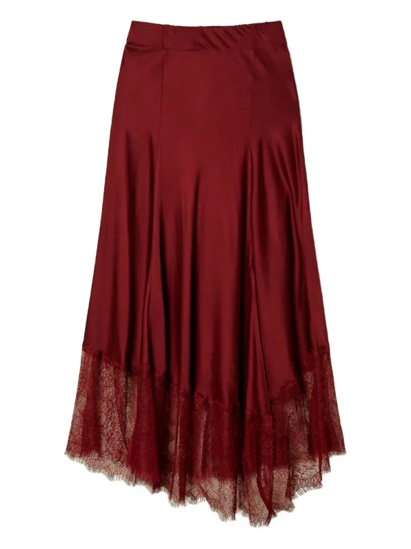 تنورة ميدي "ساتان" بلمسات الدانتيل وتصميم غير متماثل - لون عنابي (بورجوندي)