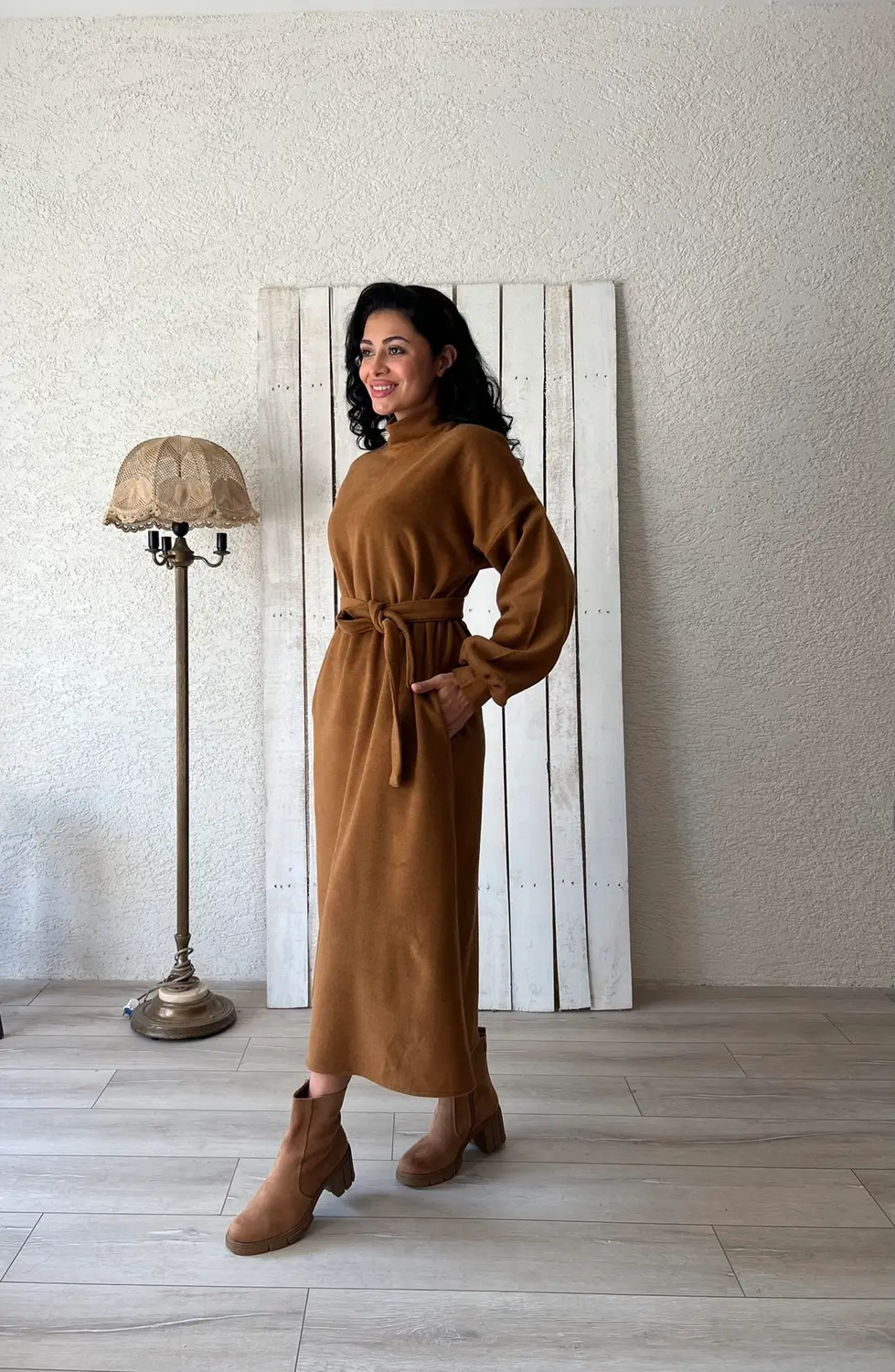 فستان "كاشيه" شتوي طويل - لون جملي (Camel)