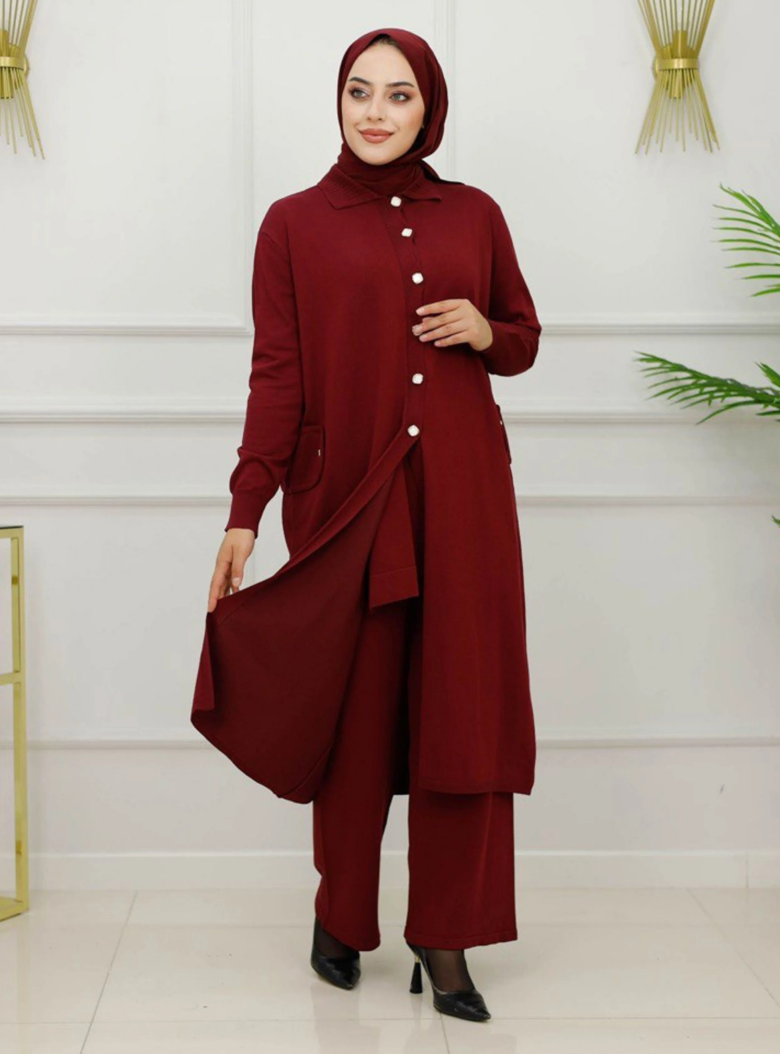 طقم نسائي قطعتين (تونيك وبنطلون) بلون مارون ملكي