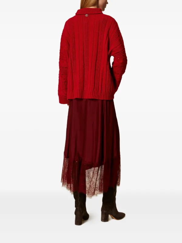 تنورة ميدي "ساتان" بلمسات الدانتيل وتصميم غير متماثل - لون عنابي (بورجوندي)