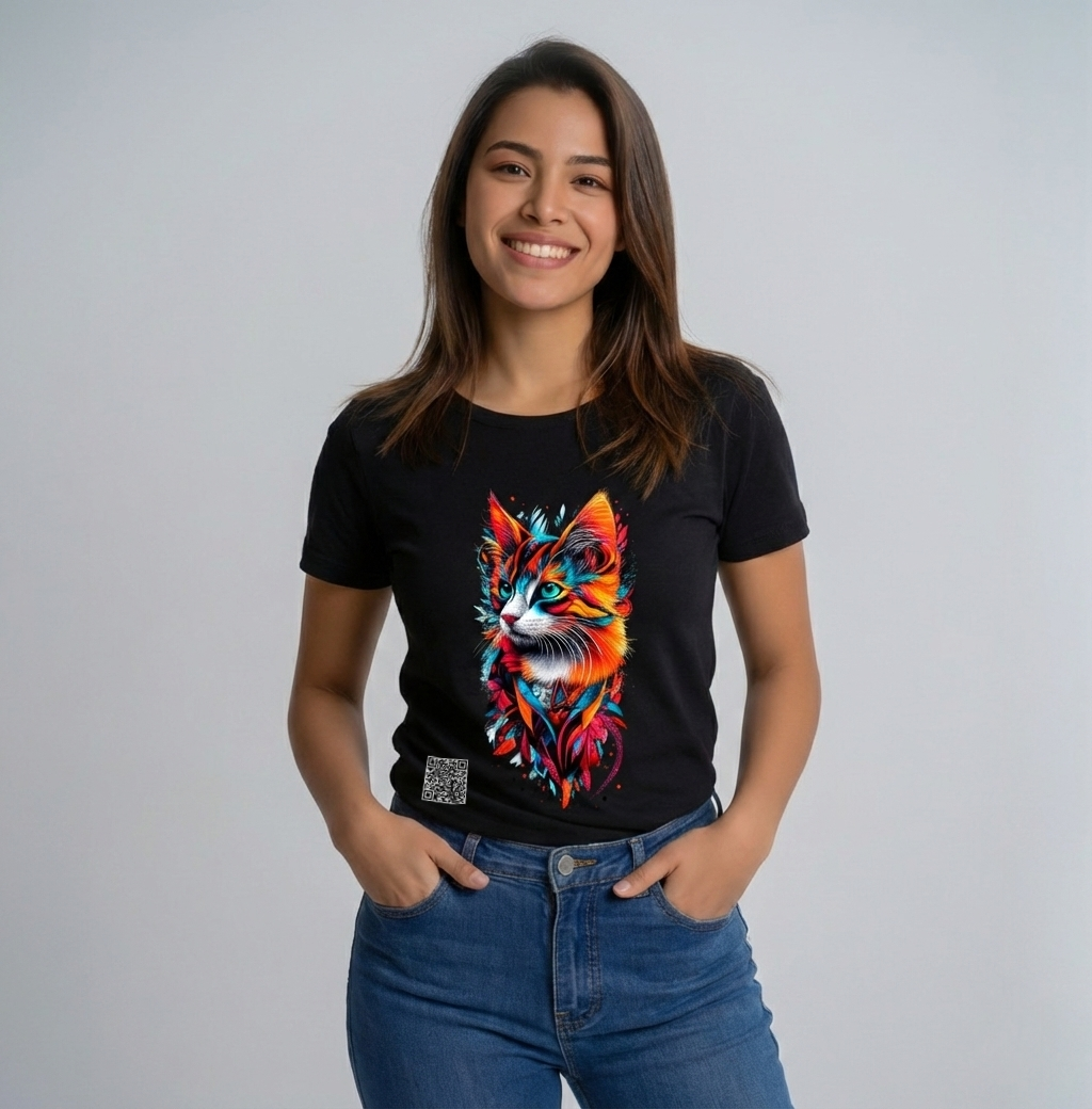 Camiseta Interactiva. Gato Magma. Serie FELINOS. Mujer