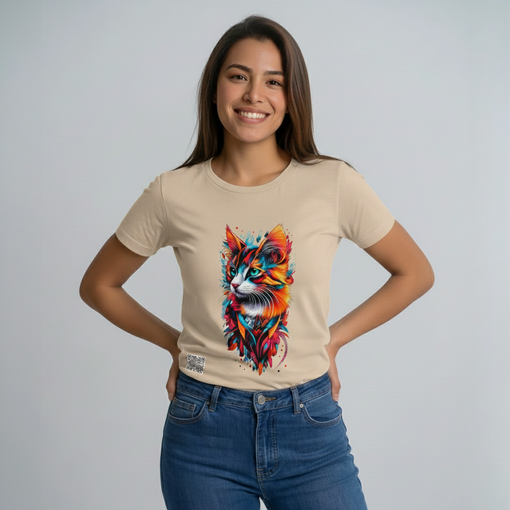 Camiseta Interactiva. Gato Magma. Serie FELINOS. Mujer