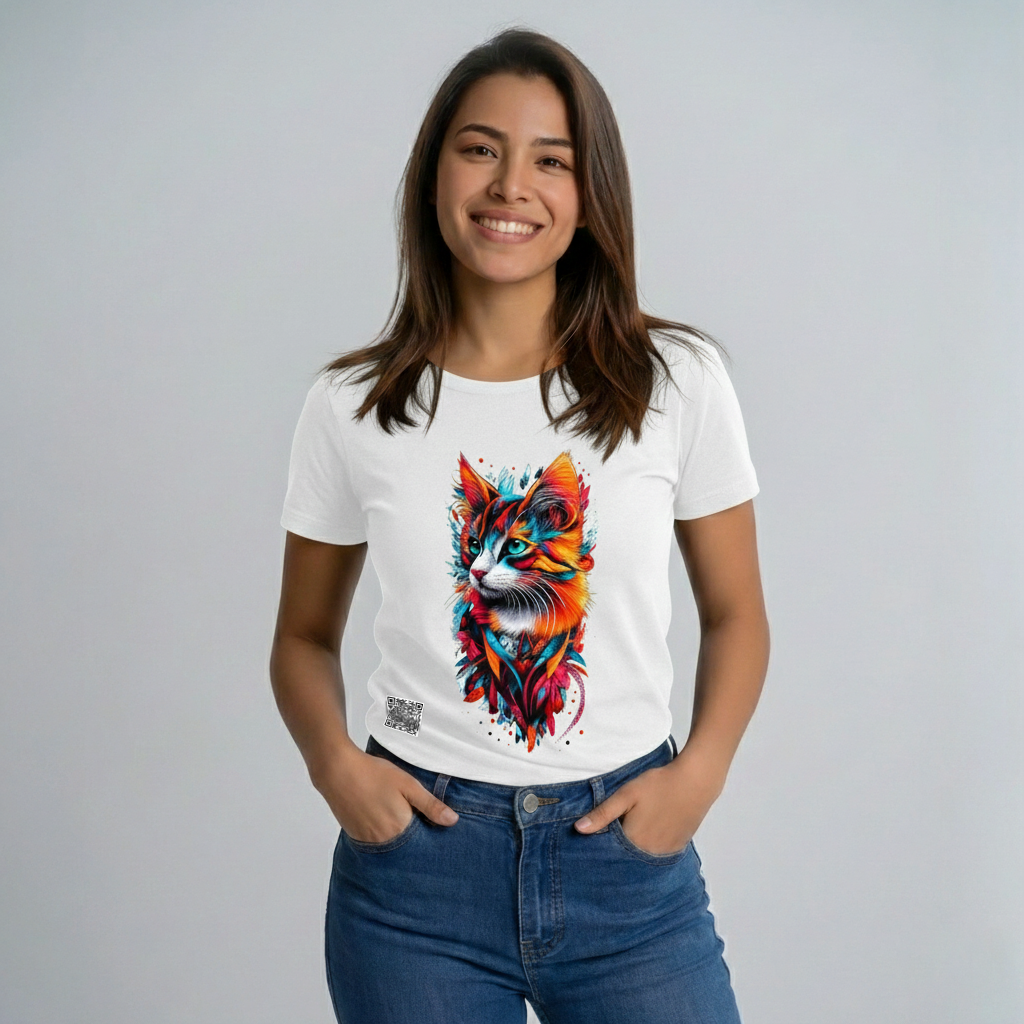 Camiseta Interactiva. Gato Magma. Serie FELINOS. Mujer
