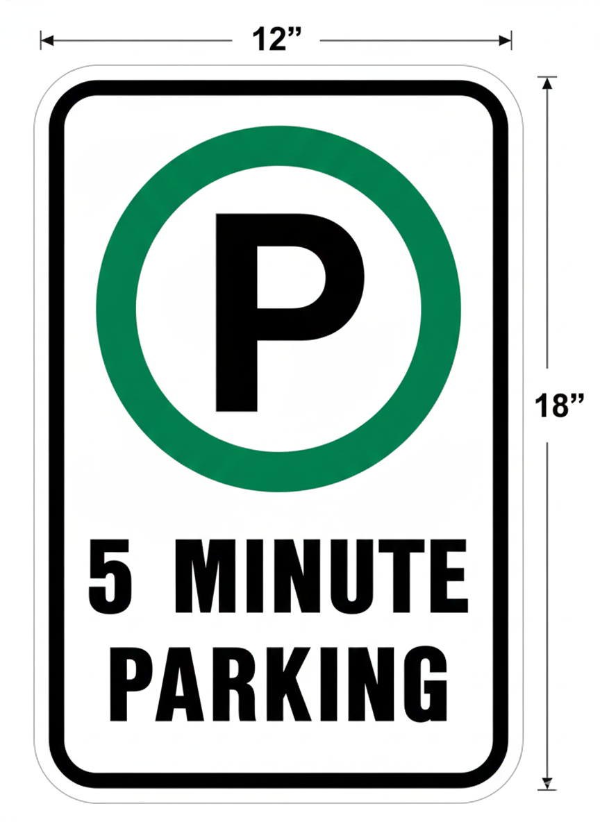 5 Minute Parking Sign – 12" × 18" – Short-Term Parking Only