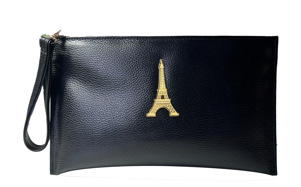 Black Leather Clutch with Eiffel Tower Emblem