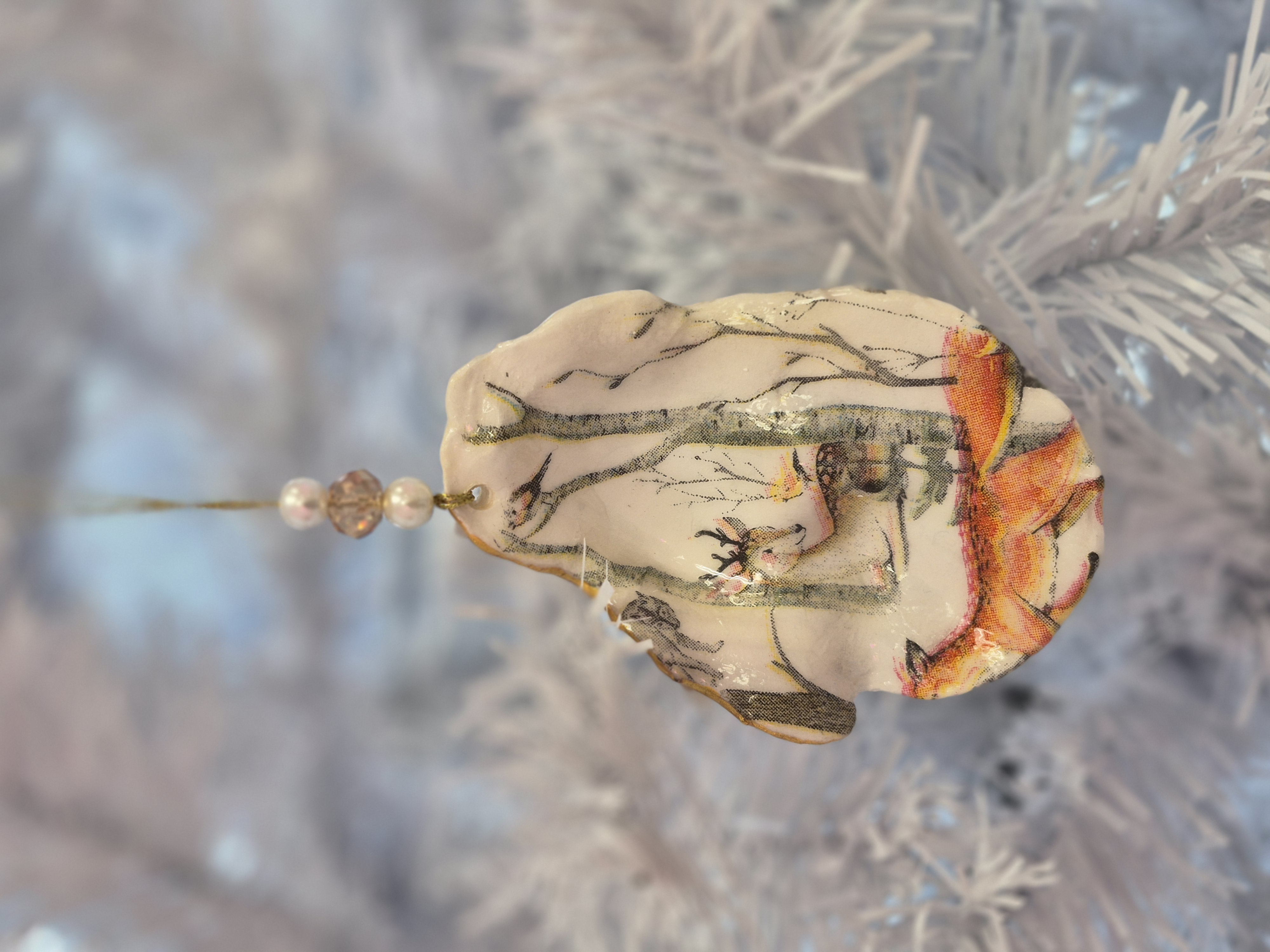 Oyster Shell Decoupage Christmas Ornament - Forest Scene