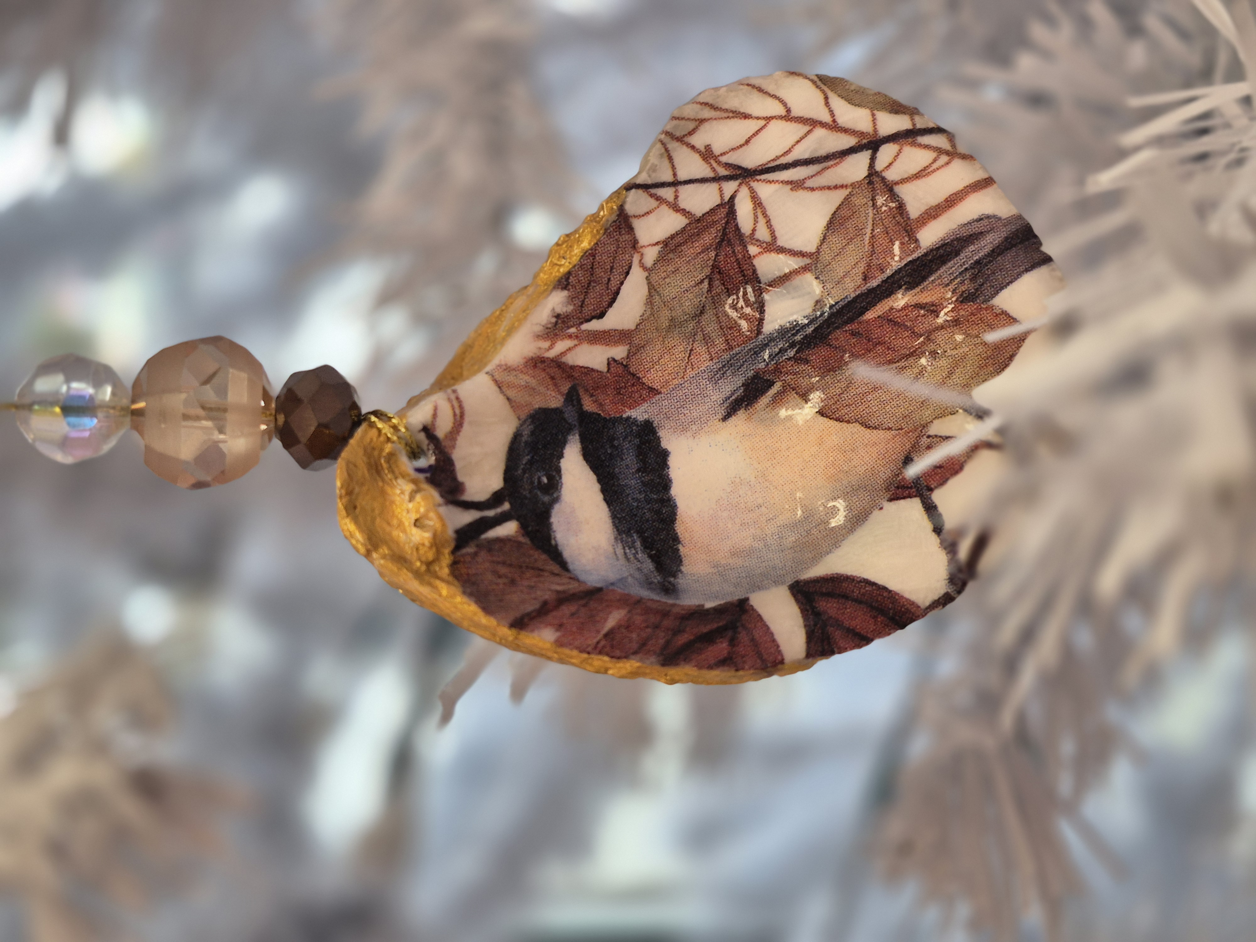 Oyster Shell Decoupage Christmas Ornament - Chickadee