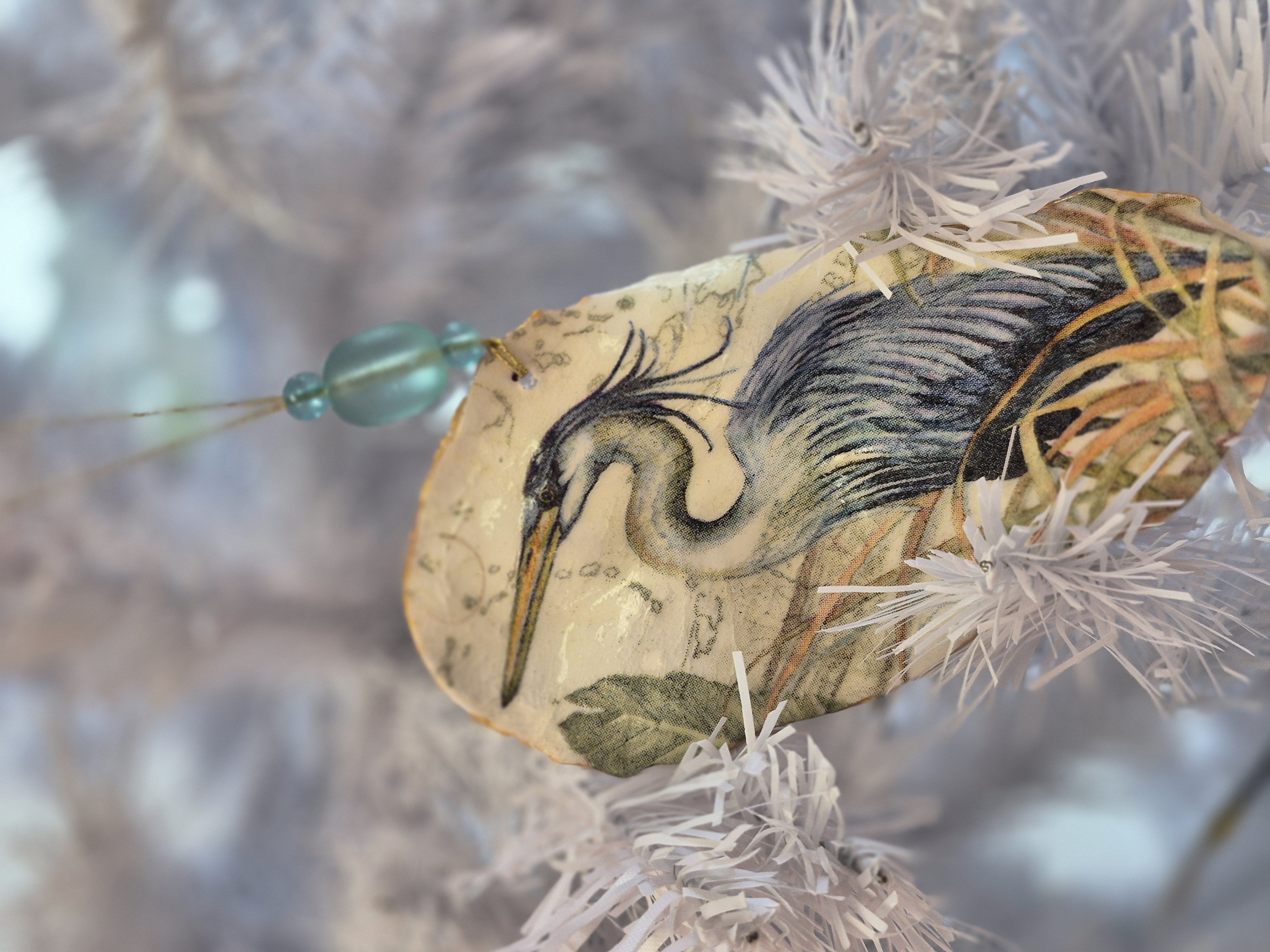 Oyster Shell Decoupage Christmas Ornament - Blue Heron 2