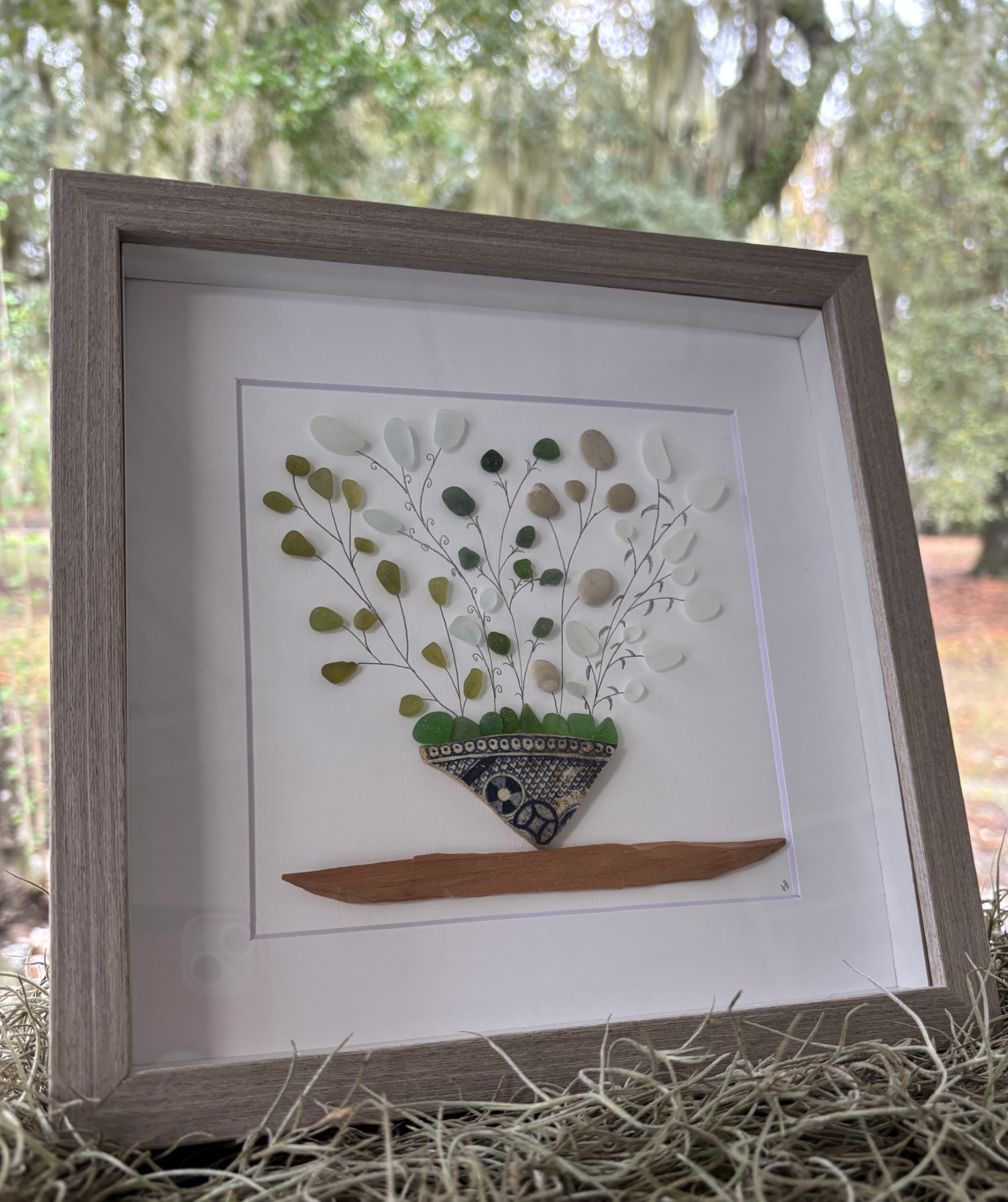 Framed Botanical Sea Glass Art - 8x8