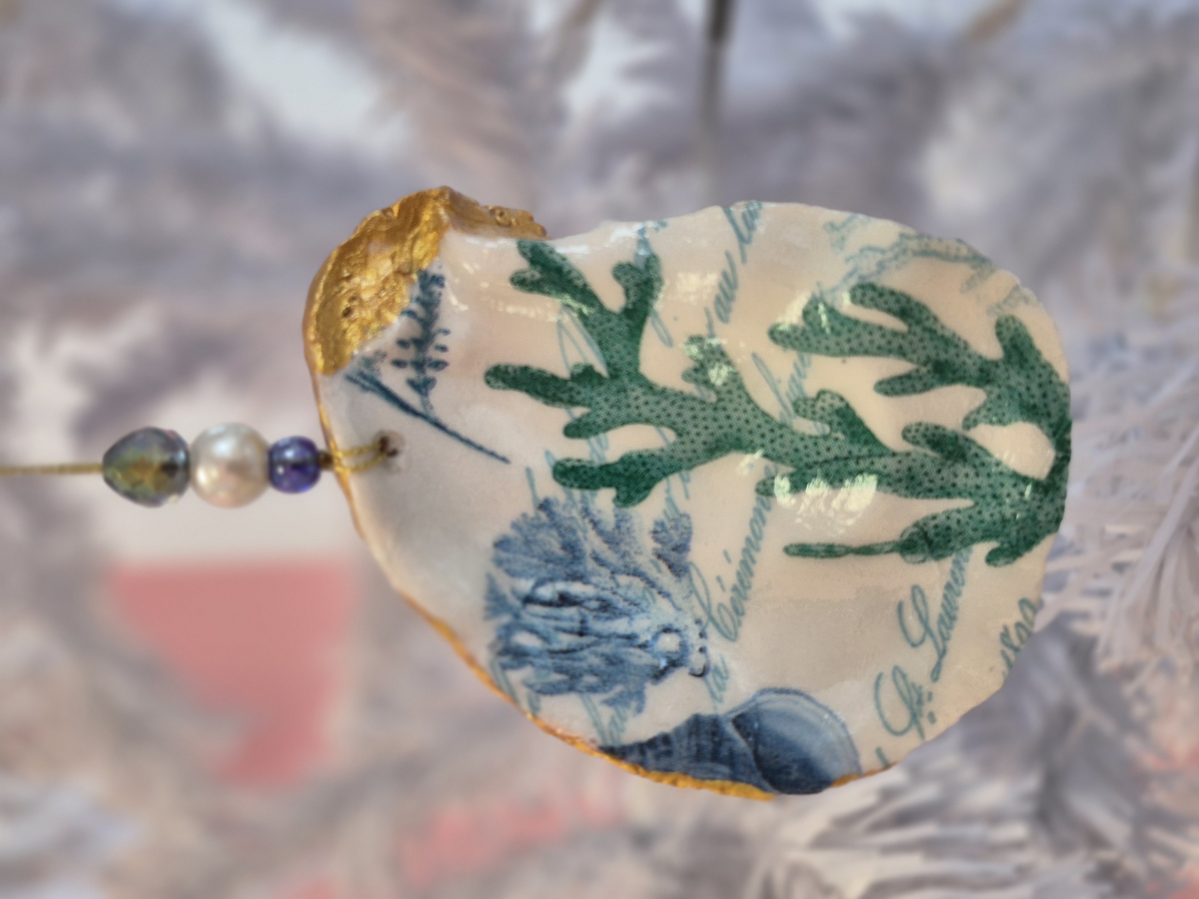 Oyster Shell Decoupage Christmas Ornament - Coral