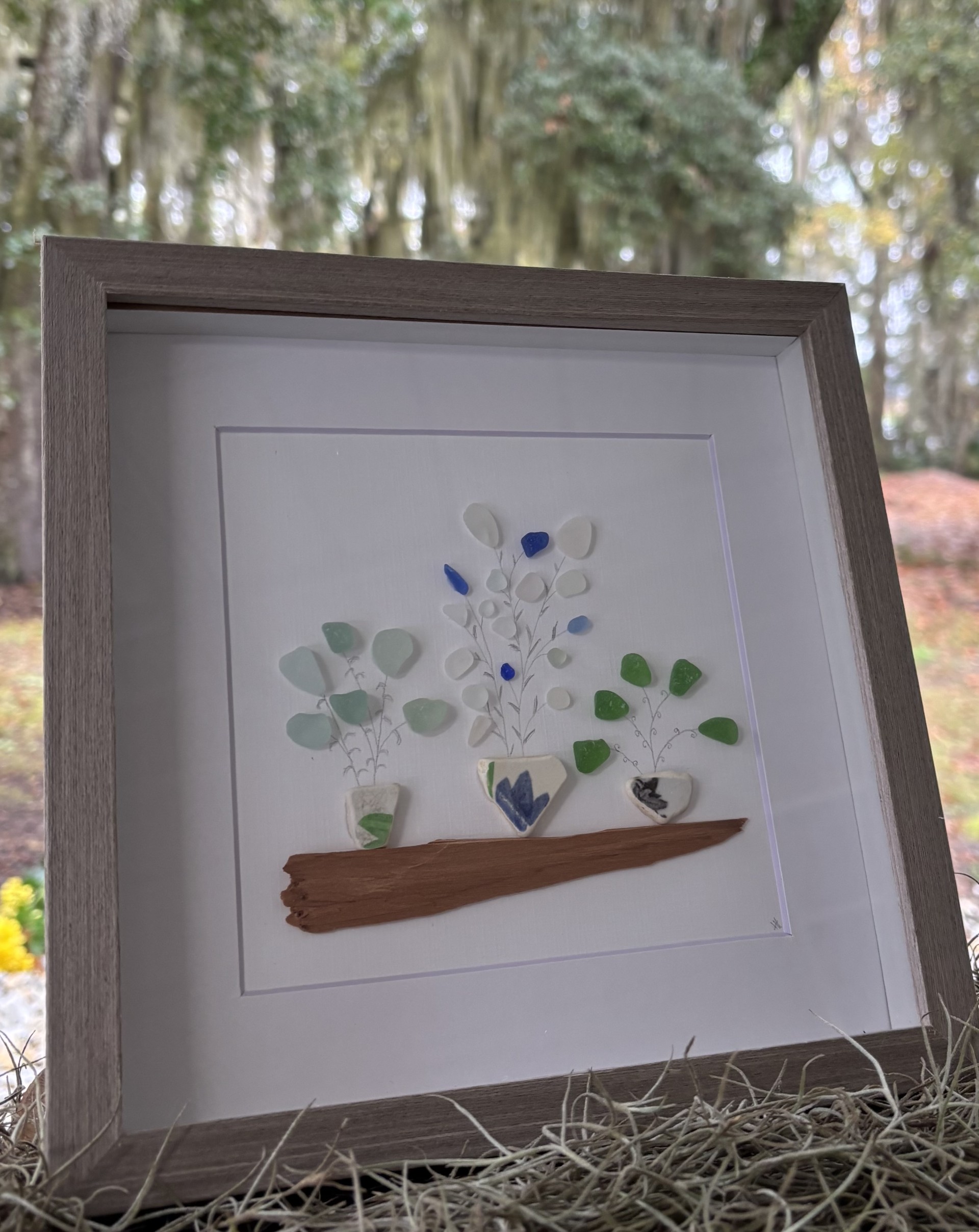 Framed Botanical Sea Glass Art - 8x8
