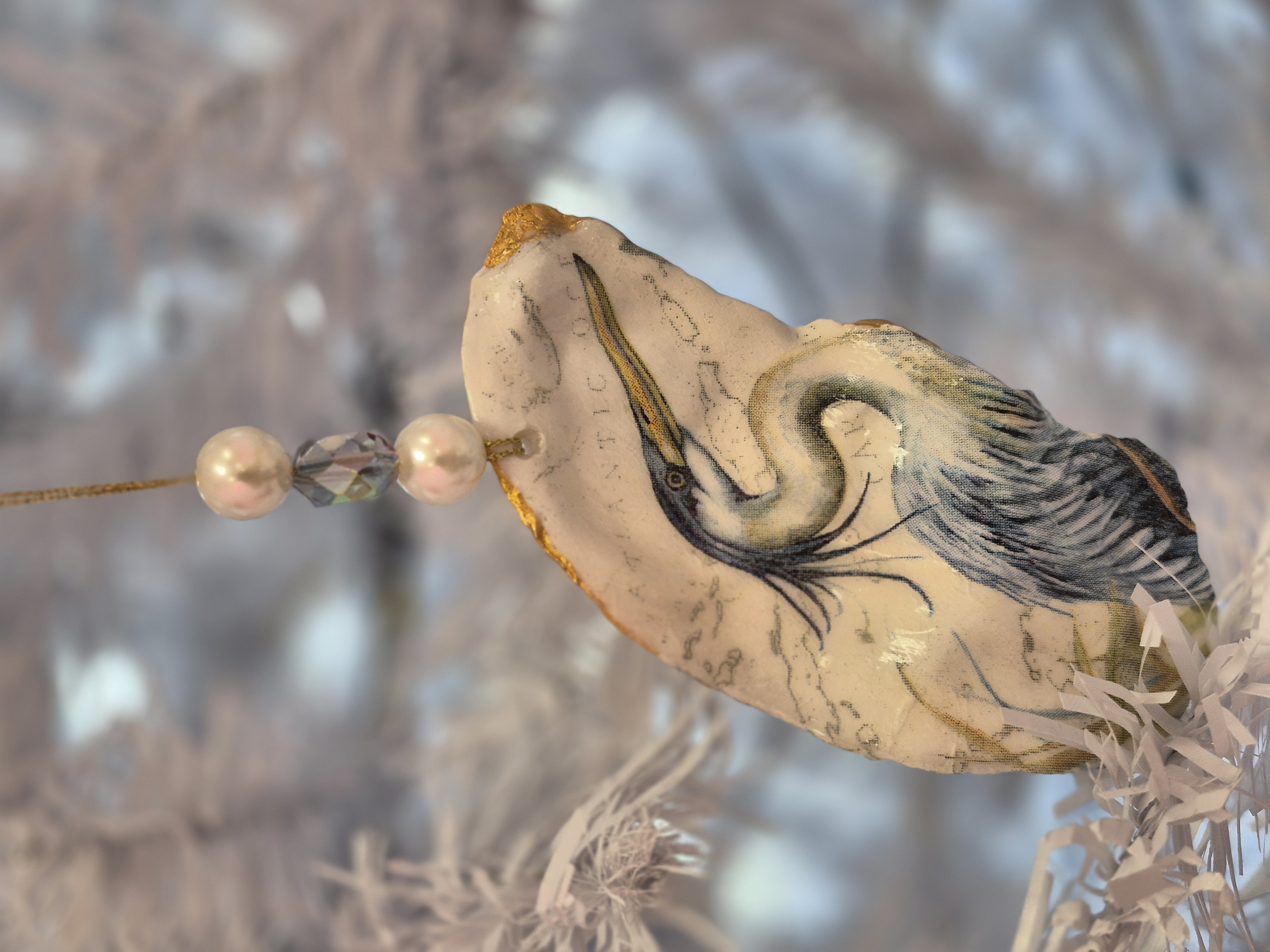 Oyster Shell Decoupage Christmas Ornament - Blue Heron