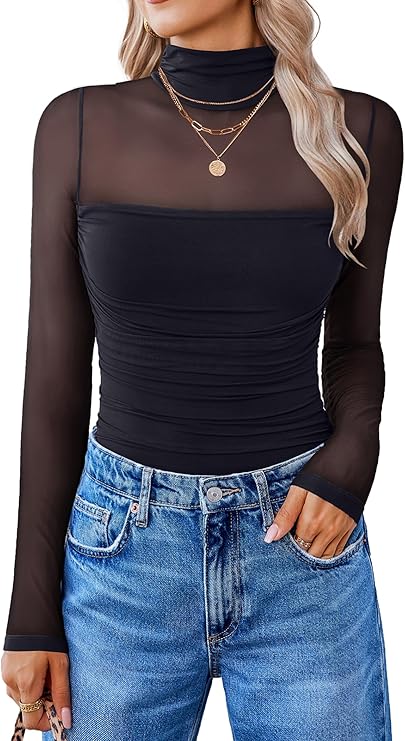 Black Sheer Long Sleeve Turtleneck Top