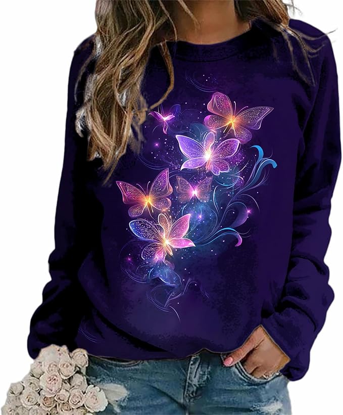 MARSVOVO Butterfly Blouses for Women Dressy Casual Fall Long Sleeve Tunic Tops Loose Fit Graphic Pullover Sweatshirts