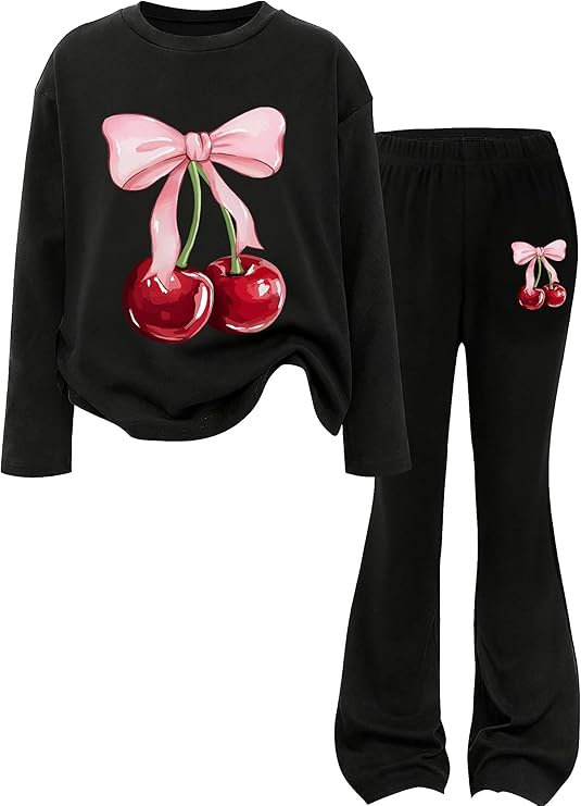 Girls 2 Piece Outfits Graphic Crew Neck Long Sleeve Tops And Flare Leggings Set