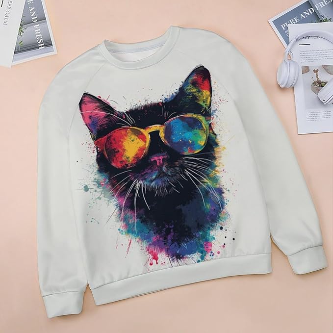 ZOCAVIA Women's Y2K Art Cat Sweatshirts Fall Abstract Graphic Pullover Tops Long Sleeve Oil Painting Cat Printed T Shirts
