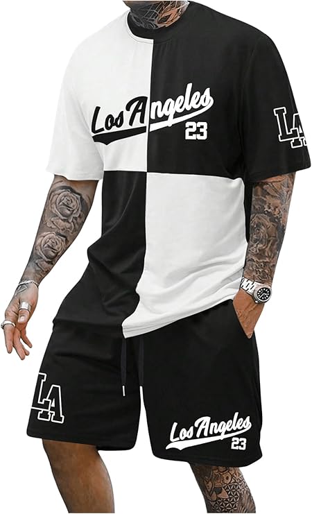 Men's 2 Piece Outfits Number Graphic Short Sleeve Shirts & Drawstring Waist Track Shorts Tracksuits Set