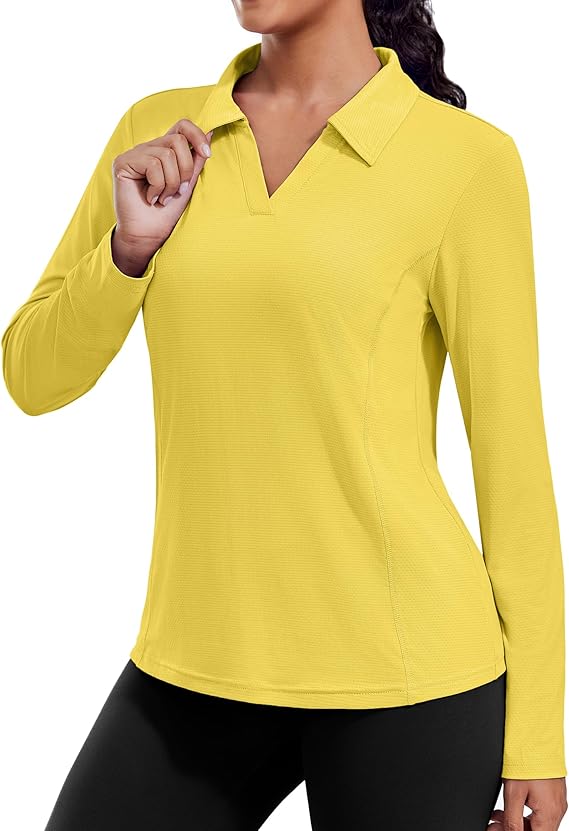 PINSPARK Long Sleeve Shirts for Women UPF 50+ Sun Shirt Workout Tops Quick Dry V Neck Athletic Running Hiking Golf Polo S-3XL