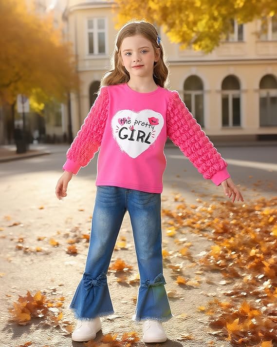 Kucnuzki Toddler Girl Clothes Cute Kids Clothes Long Sleeve Shirts Top Bell Bottom Denim Jeans Pants 2 Piece Matching Outfits