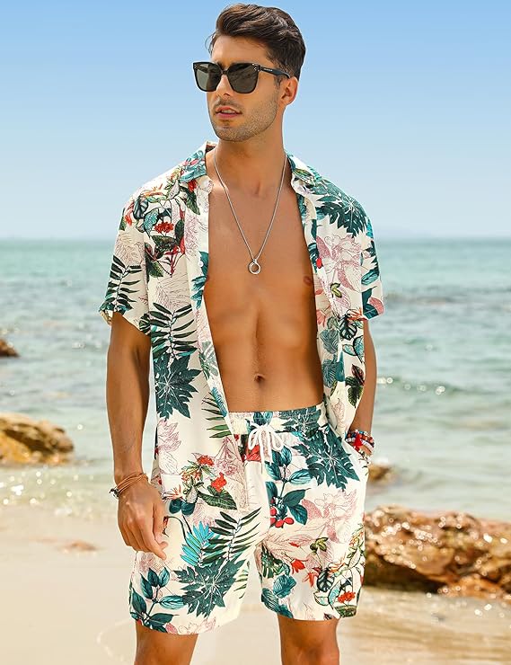 EISHOPEER Men's Flower Hawaiian Sets Casual Short Sleeve Shirt and Shorts Suits Outfits with Bucket Hats