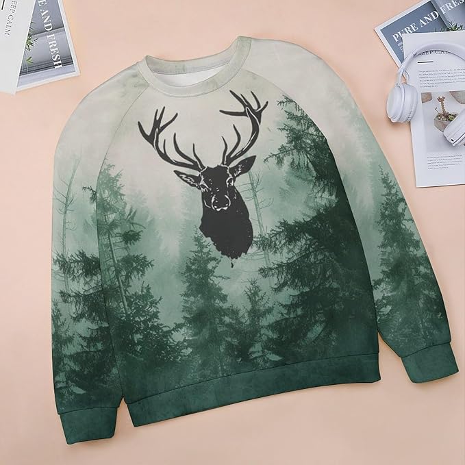 ZOCAVIA Womens Moose Forest Sweatshirts Fall Fashion Long Sleeve Crewneck Pullover Tops Vintage Deer Graphic Shirts Oversized