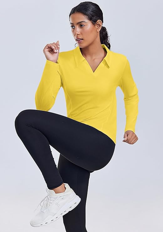 PINSPARK Long Sleeve Shirts for Women UPF 50+ Sun Shirt Workout Tops Quick Dry V Neck Athletic Running Hiking Golf Polo S-3XL