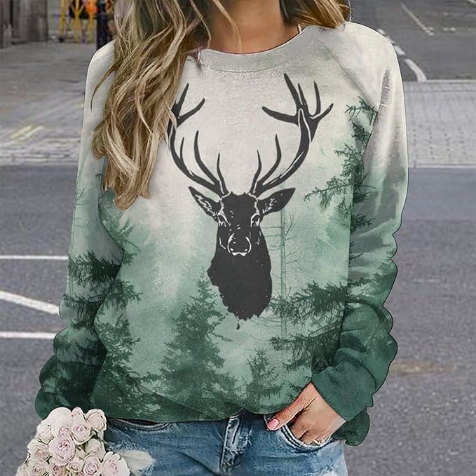ZOCAVIA Womens Moose Forest Sweatshirts Fall Fashion Long Sleeve Crewneck Pullover Tops Vintage Deer Graphic Shirts Oversized