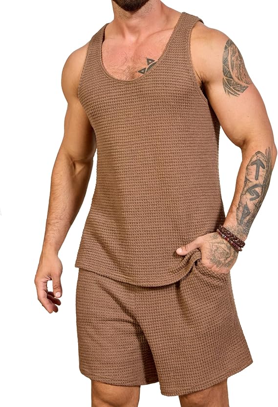 Mens Waffle Shorts Sets 2 Piece Outfits Sleeveless Summer Beach Tank Tops and Shorts Casual Loungewear Sets Suits