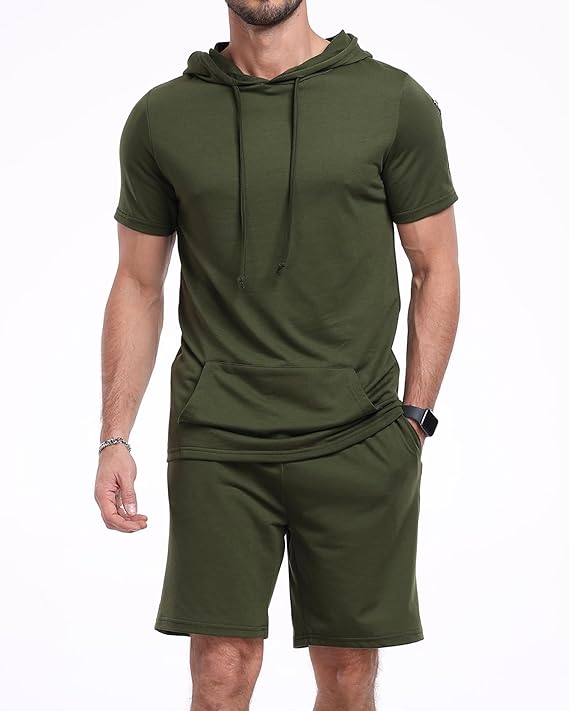 Aiyino Men's Tracksuit 2 Piece Hooded Athletic Sweatsuit Short Sleeve Casual Sports Hoodie Shorts Set
