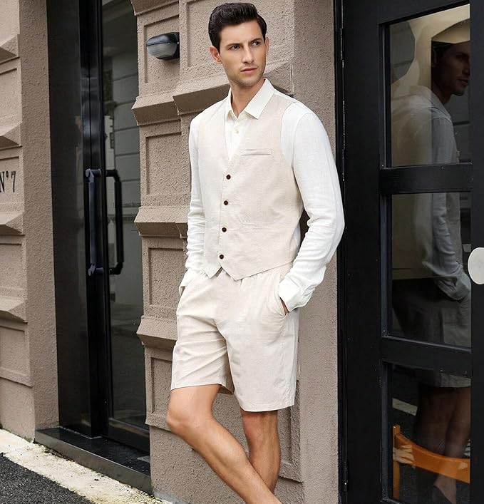 Mens Linen Suit 2 Piece Short Suits for Men Casual Summer Beach Groom Wedding Suit Linen Vest Shorts Set
