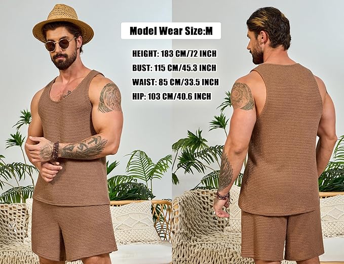 Mens Waffle Shorts Sets 2 Piece Outfits Sleeveless Summer Beach Tank Tops and Shorts Casual Loungewear Sets Suits