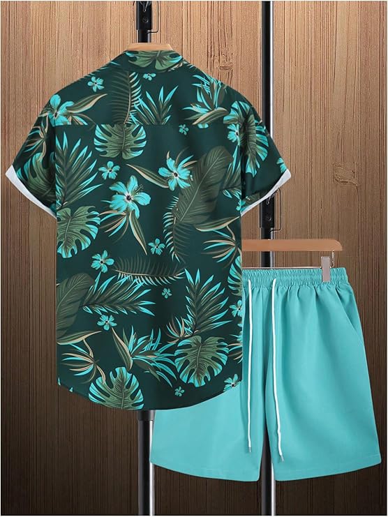 Men's 2 Piece Short Sets Outfits Button Down Floral Shirts and Drawstring Waist Shorts Tracksuits