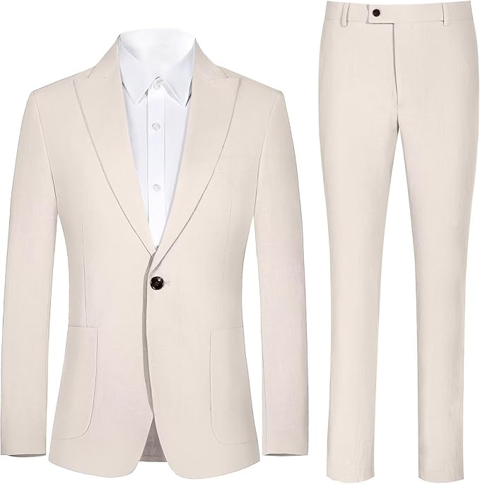 Mens Linen Suit 2 Piece Casual Suits for Men Summer Beach Groom Wedding Suit Linen Blazer Pants Set