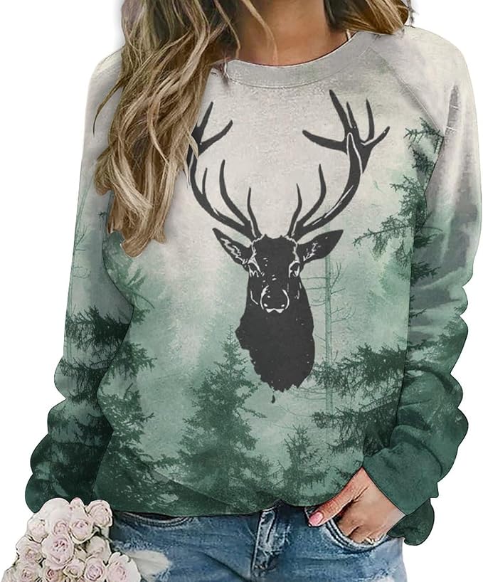 ZOCAVIA Womens Moose Forest Sweatshirts Fall Fashion Long Sleeve Crewneck Pullover Tops Vintage Deer Graphic Shirts Oversized