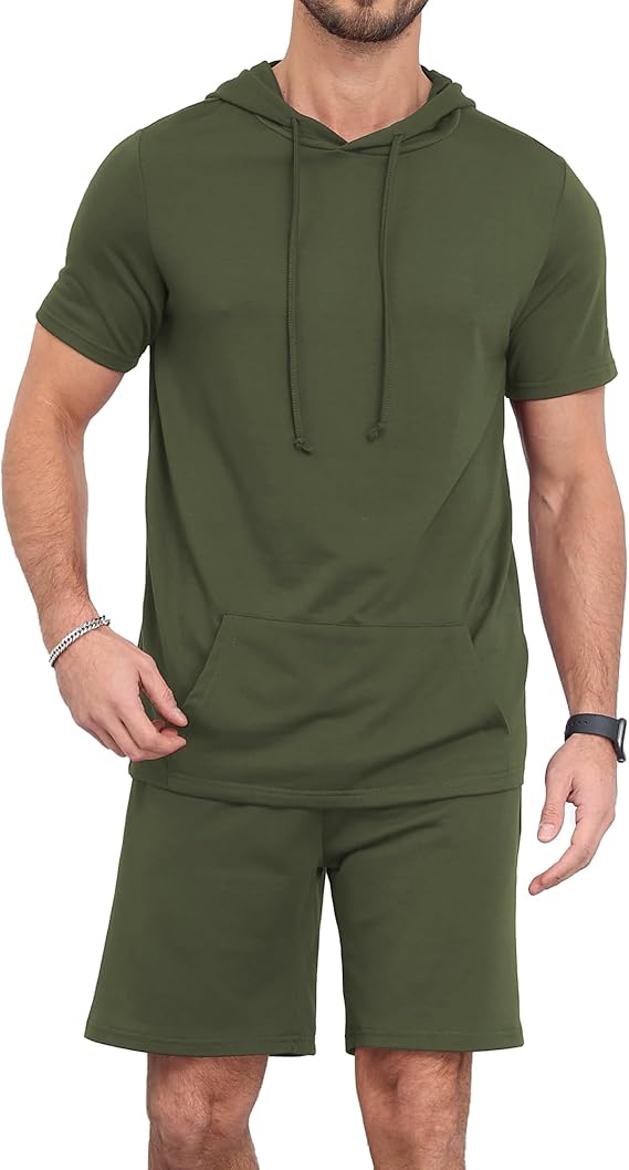 Aiyino Men's Tracksuit 2 Piece Hooded Athletic Sweatsuit Short Sleeve Casual Sports Hoodie Shorts Set